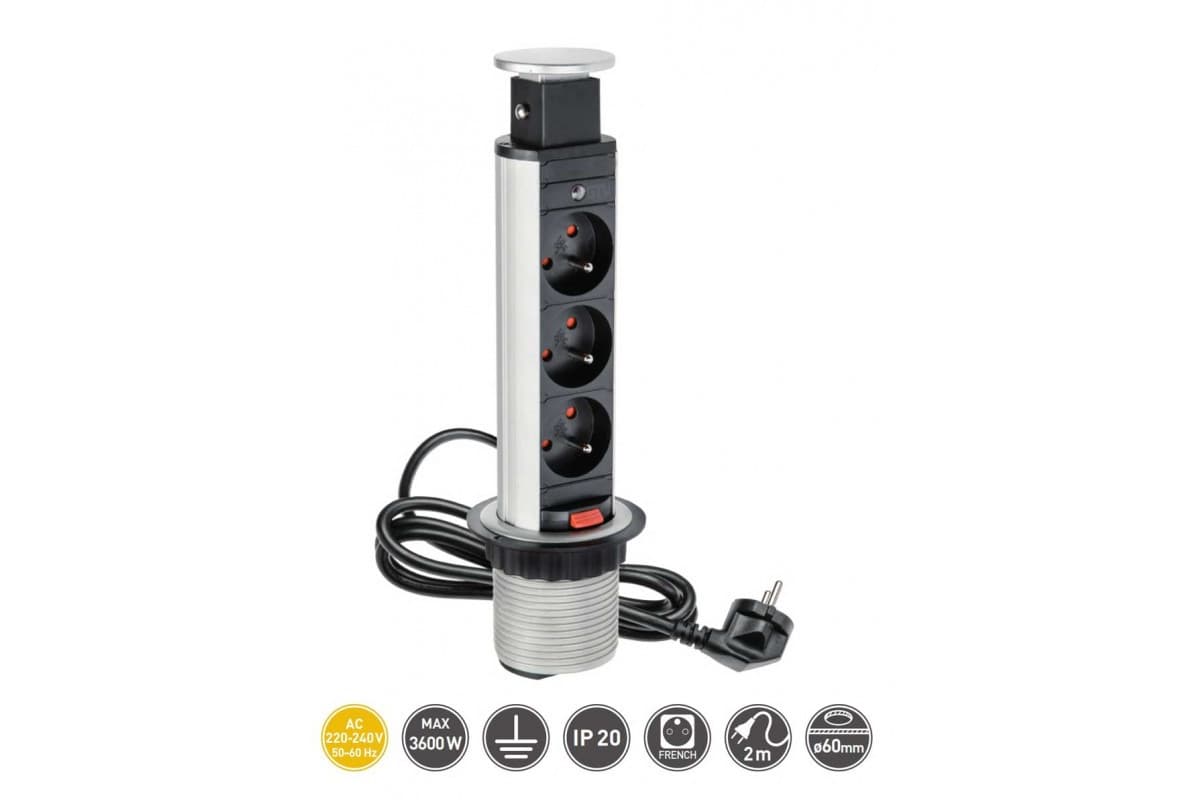 GTV AE-BPW3U60-80 Удлинитель встраиваемый 60mm, 3 гнезда с заземлением (серебристый)